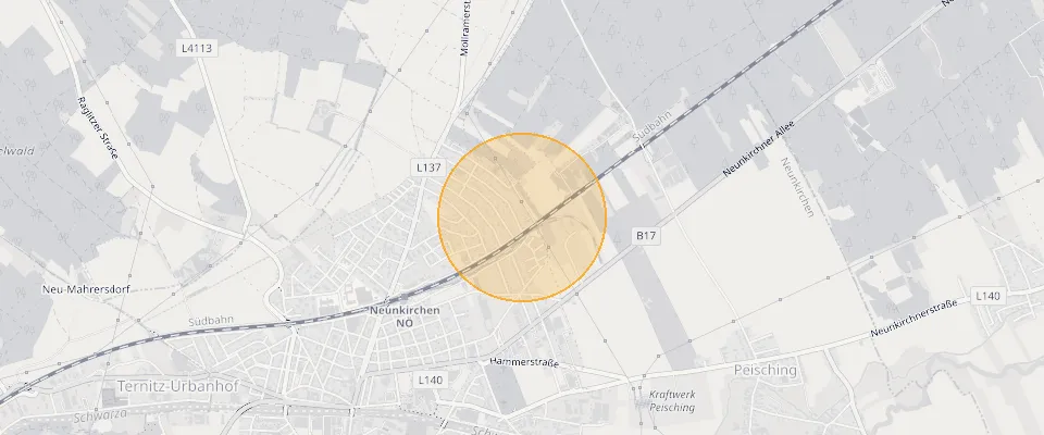 Approximate location of Dream plot 625 m² in Neunkirchen, Lower Austria, realise a family home on the map