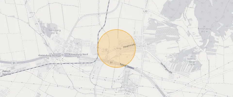 Approximate location of Large 1647m² plot of land in Stetten, Lower Austria on the map