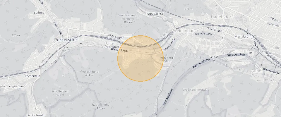 Approximate location of Renovated 3-room apartment in Purkersdorf, 83 m², with balcony & underground parking space to rent on the map